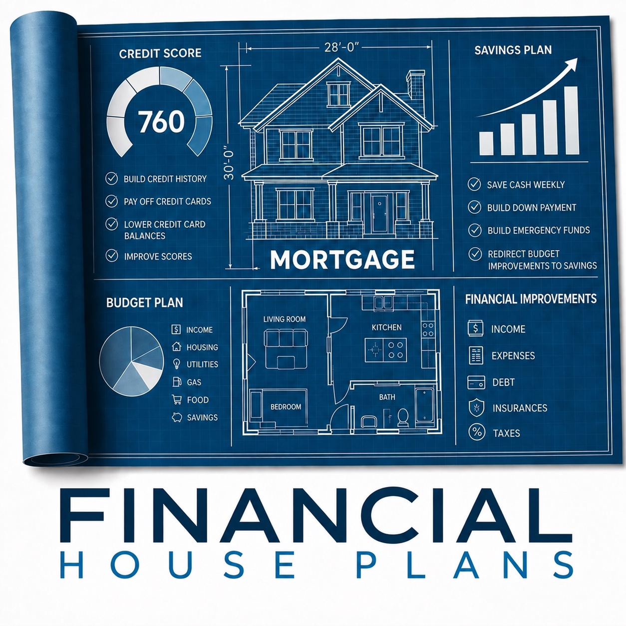 Financial House Plans blueprint showing credit, savings, budgeting and financial improvements